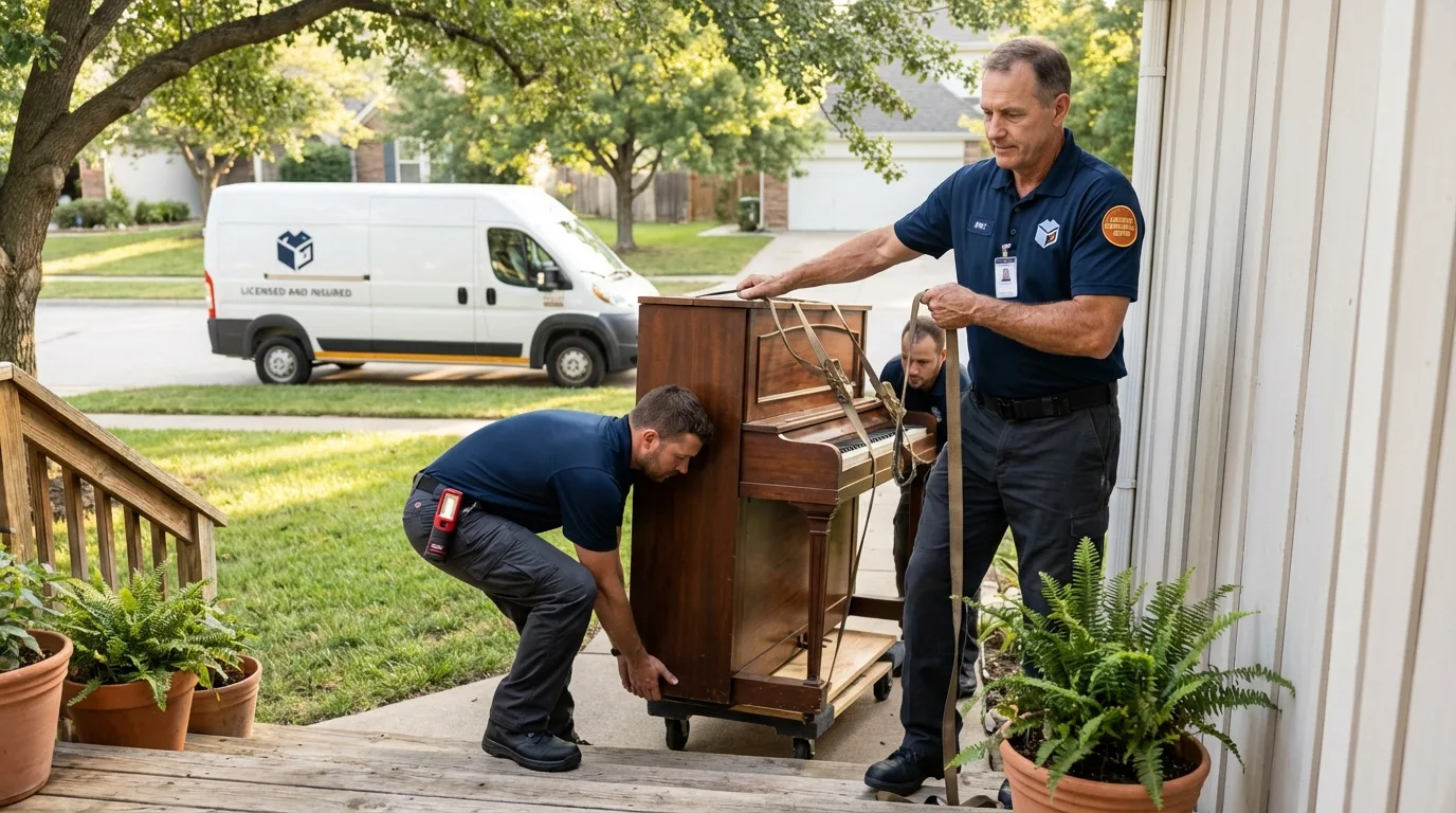 Licensed piano movers securing grand piano in Dalton, PA