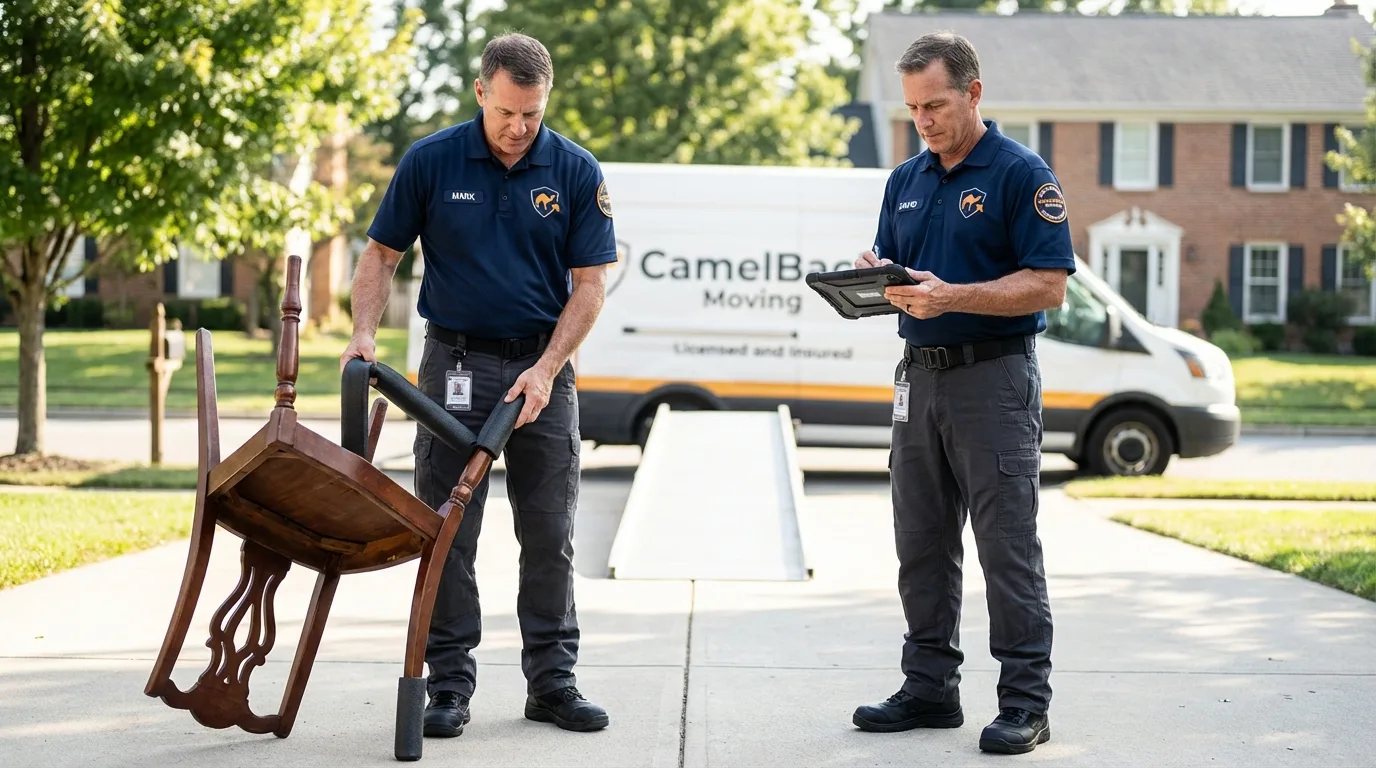 Movers inspecting furniture for damage prevention before loading in Dalton, PA
